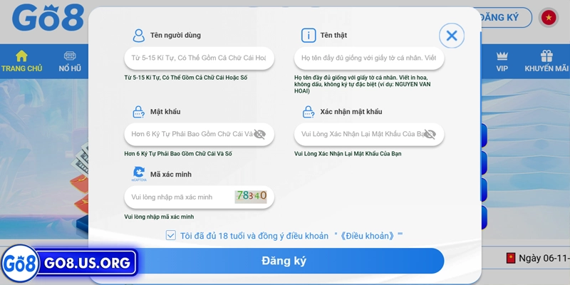 Đăng Ký Go8 Điền đầy đủ thông tin quan trọng khi đăng ký Go8